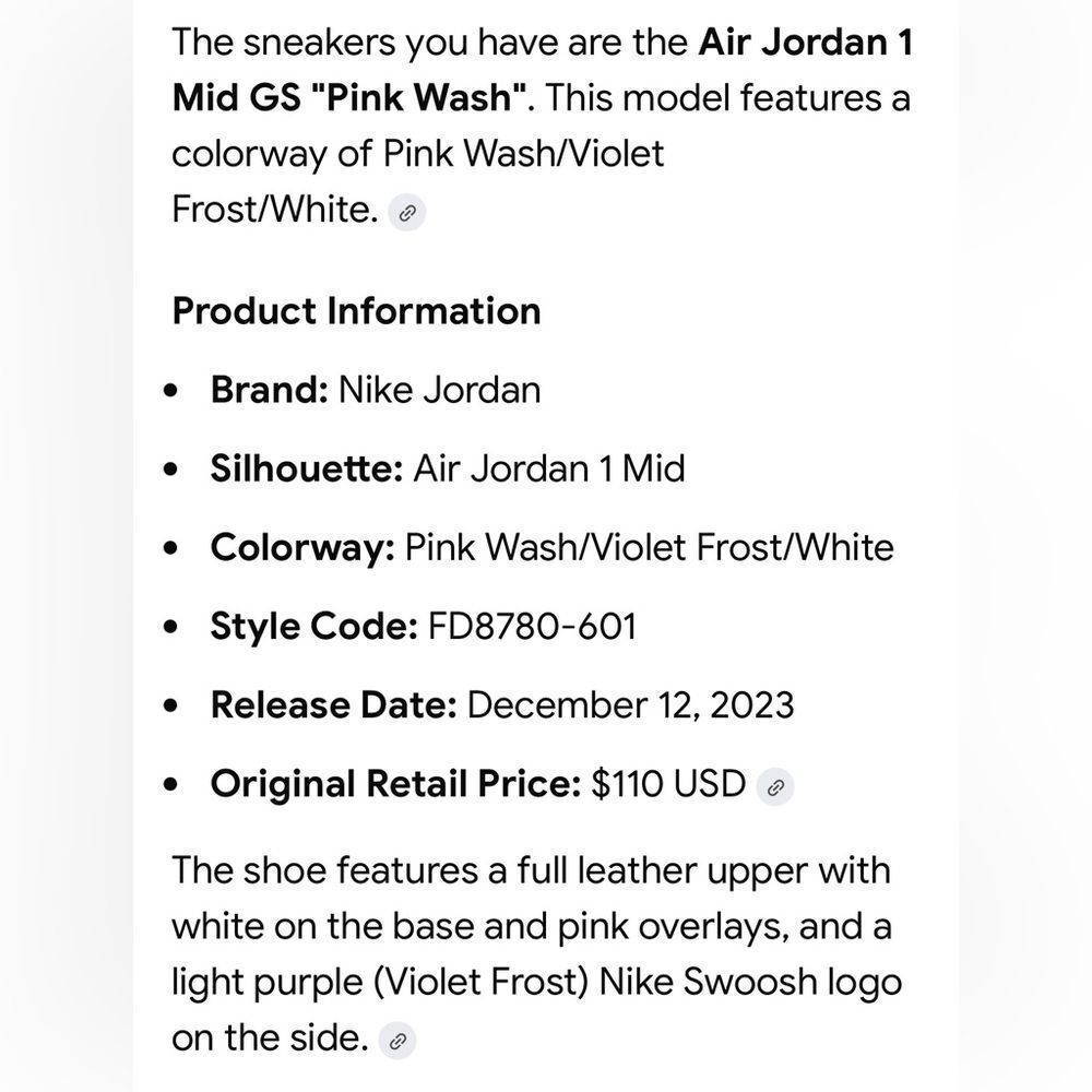 Nike Air Jordan Sneakers 1 Mid GS Pink Wash/Violet Frost/White Size 6.5 Copy - Picture 10 of 11